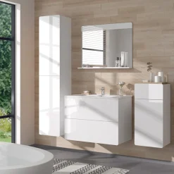 Vicco Badmöbel-Set Weiß Izan, bestehend aus Waschbeckenunterschrank, Waschbecken, Hängeschrank, Hochschrank, Midischrank - Mehr Stauraum ohne Bodenfläche zu nutzen