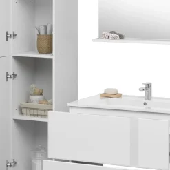 Vicco Badmöbel-Set Weiß Izan, bestehend aus Waschbeckenunterschrank, Waschbecken, Hängeschrank, Hochschrank, Midischrank - Mehr Stauraum ohne Bodenfläche zu nutzen