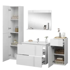 Vicco Badmöbel-Set Weiß Izan, bestehend aus Waschbeckenunterschrank, Waschbecken, Hängeschrank, Hochschrank, Midischrank - Mehr Stauraum ohne Bodenfläche zu nutzen