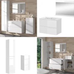 Vicco Badmöbel-Set Weiß Izan, bestehend aus Waschbeckenunterschrank, Waschbecken, Hängeschrank, Hochschrank, Midischrank - Mehr Stauraum ohne Bodenfläche zu nutzen