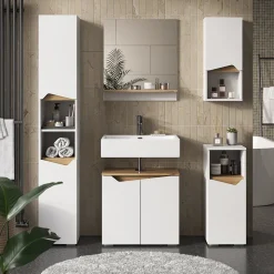 Vicco Badmöbel-Set Weiß Marelle, bestehend aus Bad Spiegelschrank, Midischrank, Hängeschrank, Waschbeckenunterschrank, Hochschrank - Praktische Aufbewahrung für Badutensilien