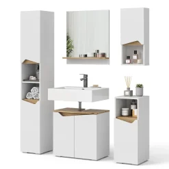 Vicco Badmöbel-Set Weiß Marelle, bestehend aus Bad Spiegelschrank, Midischrank, Hängeschrank, Waschbeckenunterschrank, Hochschrank - Praktische Aufbewahrung für Badutensilien