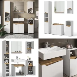 Vicco Badmöbel-Set Weiß Marelle, bestehend aus Bad Spiegelschrank, Midischrank, Hängeschrank, Waschbeckenunterschrank, Hochschrank - Praktische Aufbewahrung für Badutensilien