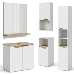 Vicco Badmöbel-Set Weiß Marelle, bestehend aus Bad Spiegelschrank, Midischrank, Hängeschrank, Waschbeckenunterschrank, Hochschrank - Praktische Aufbewahrung für Badutensilien