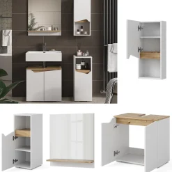 Vicco Badmöbel-Set Weiß Marelle, bestehend aus Bad Spiegelschrank, Waschbeckenunterschrank, Midischrank, Hängeschrank - Praktische Aufbewahrung für Badutensilien