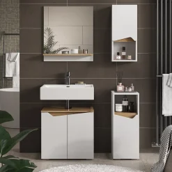 Vicco Badmöbel-Set Weiß Marelle, bestehend aus Bad Spiegelschrank, Waschbeckenunterschrank, Midischrank, Hängeschrank - Praktische Aufbewahrung für Badutensilien