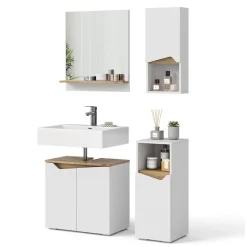 Vicco Badmöbel-Set Weiß Marelle, bestehend aus Bad Spiegelschrank, Waschbeckenunterschrank, Midischrank, Hängeschrank - Praktische Aufbewahrung für Badutensilien