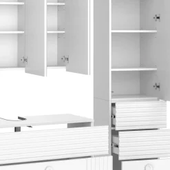 Vicco Badmöbel-Set Weiß Sola, bestehend aus Bad Spiegelschrank, Waschbeckenunterschrank, Midischrank, Hochschrank, Badregal - Viel Stauraum oben und unten