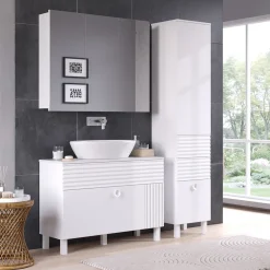 Vicco Badmöbel-Set Weiß Sola, bestehend aus Bad Spiegelschrank, Waschbeckenunterschrank, Hochschrank - Viel Stauraum oben und unten