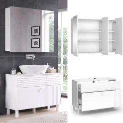 Vicco Badmöbel-Set Weiß Sola, bestehend aus Waschbeckenunterschrank, Badezimmerspiegel - Viel Stauraum oben und unten