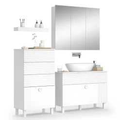 Vicco Badmöbel-Set Weiß Sola, bestehend aus Bad Spiegelschrank, Waschbeckenunterschrank, Midischrank, Hängeschrank - Viel Stauraum oben und unten