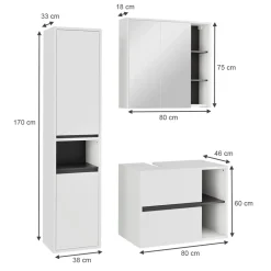 Vicco Badmöbel-Set Weiß/Grau Viola, bestehend aus Bad Spiegelschrank, Waschbeckenunterschrank, Hochschrank - Mehr Stauraum ohne Bodenfläche zu nutzen