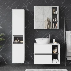 Vicco Badmöbel-Set Weiß/Grau Viola, bestehend aus Bad Spiegelschrank, Waschbeckenunterschrank, Hochschrank - Mehr Stauraum ohne Bodenfläche zu nutzen