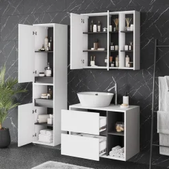 Vicco Badmöbel-Set Weiß/Grau Viola, bestehend aus Bad Spiegelschrank, Waschbeckenunterschrank, Hochschrank - Mehr Stauraum ohne Bodenfläche zu nutzen