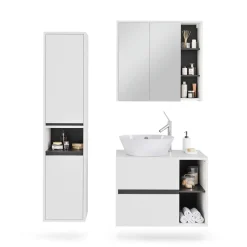 Vicco Badmöbel-Set Weiß/Grau Viola, bestehend aus Bad Spiegelschrank, Waschbeckenunterschrank, Hochschrank - Mehr Stauraum ohne Bodenfläche zu nutzen