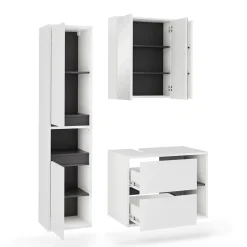 Vicco Badmöbel-Set Weiß/Grau Viola, bestehend aus Bad Spiegelschrank, Waschbeckenunterschrank, Hochschrank - Mehr Stauraum ohne Bodenfläche zu nutzen
