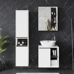 Vicco Badmöbel-Set Weiß/Grau Viola, bestehend aus Bad Spiegelschrank, Waschbeckenunterschrank, Hochschrank - Mehr Stauraum ohne Bodenfläche zu nutzen