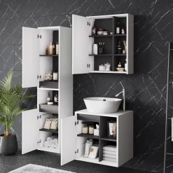 Vicco Badmöbel-Set Weiß/Grau Viola, bestehend aus Bad Spiegelschrank, Waschbeckenunterschrank, Hochschrank - Mehr Stauraum ohne Bodenfläche zu nutzen