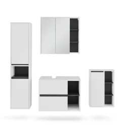 Vicco Badmöbel-Set Weiß/Grau Viola, bestehend aus Badspiegelschrank, Waschbeckenunterschrank, Midischrank, Hochschrank - Mehr Stauraum ohne Bodenfläche zu nutzen