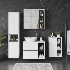 Vicco Badmöbel-Set Weiß/Grau Viola, bestehend aus Badspiegelschrank, Waschbeckenunterschrank, Midischrank, Hochschrank - Mehr Stauraum ohne Bodenfläche zu nutzen