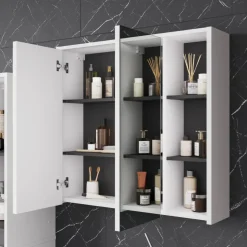 Vicco Badmöbel-Set Weiß/Grau Viola, bestehend aus Badspiegelschrank, Waschbeckenunterschrank, Midischrank, Hochschrank - Mehr Stauraum ohne Bodenfläche zu nutzen