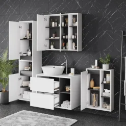 Vicco Badmöbel-Set Weiß/Grau Viola, bestehend aus Badspiegelschrank, Waschbeckenunterschrank, Midischrank, Hochschrank - Mehr Stauraum ohne Bodenfläche zu nutzen