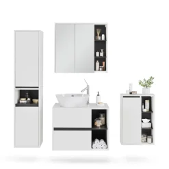 Vicco Badmöbel-Set Weiß/Grau Viola, bestehend aus Badspiegelschrank, Waschbeckenunterschrank, Midischrank, Hochschrank - Mehr Stauraum ohne Bodenfläche zu nutzen
