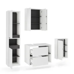 Vicco Badmöbel-Set Weiß/Grau Viola, bestehend aus Badspiegelschrank, Waschbeckenunterschrank, Midischrank, Hochschrank - Mehr Stauraum ohne Bodenfläche zu nutzen