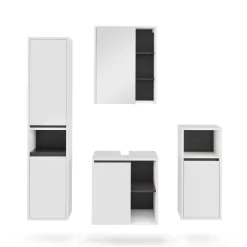 Vicco Badmöbel-Set Weiß/Grau Viola, bestehend aus Badspiegelschrank, Waschbeckenunterschrank, Midischrank, Hochschrank - Mehr Stauraum ohne Bodenfläche zu nutzen