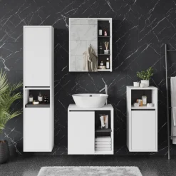 Vicco Badmöbel-Set Weiß/Grau Viola, bestehend aus Badspiegelschrank, Waschbeckenunterschrank, Midischrank, Hochschrank - Mehr Stauraum ohne Bodenfläche zu nutzen