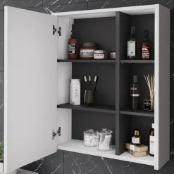 Vicco Badmöbel-Set Weiß/Grau Viola, bestehend aus Badspiegelschrank, Waschbeckenunterschrank, Midischrank, Hochschrank - Mehr Stauraum ohne Bodenfläche zu nutzen