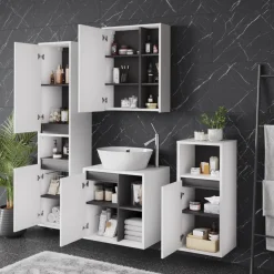 Vicco Badmöbel-Set Weiß/Grau Viola, bestehend aus Badspiegelschrank, Waschbeckenunterschrank, Midischrank, Hochschrank - Mehr Stauraum ohne Bodenfläche zu nutzen