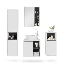 Vicco Badmöbel-Set Weiß/Grau Viola, bestehend aus Badspiegelschrank, Waschbeckenunterschrank, Midischrank, Hochschrank - Mehr Stauraum ohne Bodenfläche zu nutzen