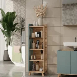 Vicco Badregal Sonoma/Blau Karen 40x128x35 cm - Die Badezimmermöbel, Mehr Ordnung im Badezimmer durch übersichtliche Ablage