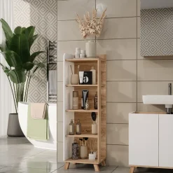 Vicco Badregal Sonoma/Weiß Karen 40x128x35 cm - Die Badezimmermöbel, Mehr Ordnung im Badezimmer durch übersichtliche Ablage