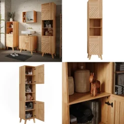 Vicco Badschrank Bambus Lucie 40x177x36 cm - Hochschrank, Kombination aus offenen Fächern und Türen für flexible Nutzung