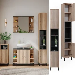 Vicco Badschrank Sonoma Aquis 30x190x30 cm - Wäscheschrank, Kombination aus offenen Fächern und Türen für flexible Nutzung