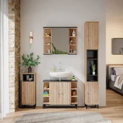 Vicco Badschrank Sonoma Aquis 30x190x30 cm - Wäscheschrank, Kombination aus offenen Fächern und Türen für flexible Nutzung