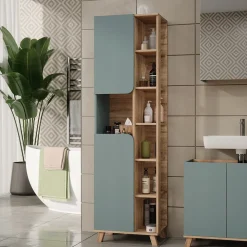 Vicco Badschrank Sonoma/Blau Karen 50x175x35 cm - Hochschrank, Mehr Ordnung im Badezimmer durch übersichtliche Ablage