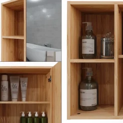 Vicco Badspiegelschrank Bambus Lucie 54x45x20 cm - Badezimmerschrank mit Spiegel, Kombination aus offenen Fächern und Türen für flexible Nutzung