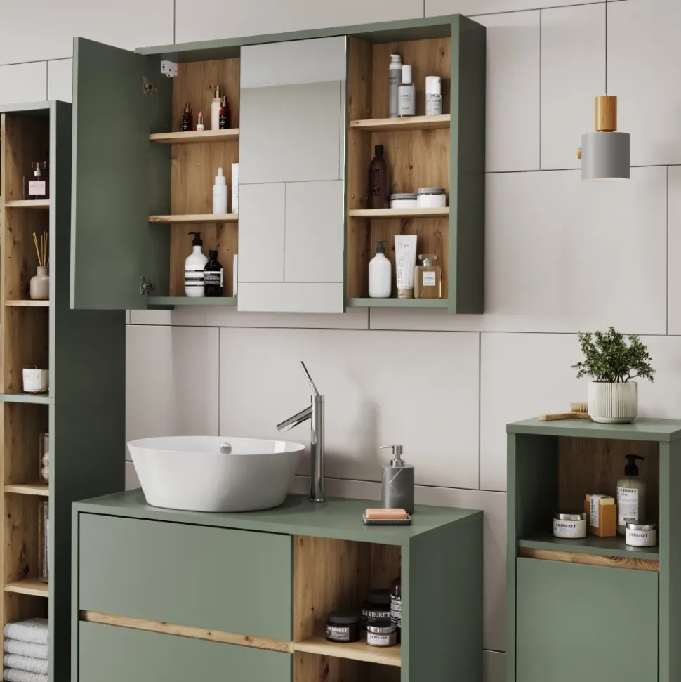 Vicco Badspiegelschrank Grün/Artisan Viola 100x75x18 cm - Badezimmerschrank mit Spiegel, Übersichtliche Organisation dank cleverer Fächeraufteilung
