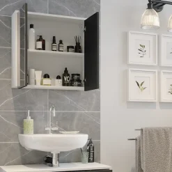 Vicco Badspiegelschrank Weiß/Anthrazit Maltin 60x58x17 cm - Badezimmerschrank mit Spiegel, Viel Stauraum oben und unten