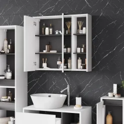 Vicco Badspiegelschrank Weiß/Grau Viola 80x75x18 cm - Badezimmerschrank mit Spiegel, Übersichtliche Organisation dank cleverer Fächeraufteilung