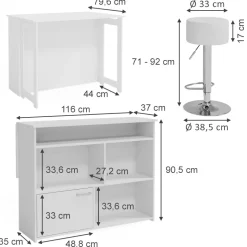 Vicco Bartisch-Set Dominic, Bartresen und Hocker, Weiß, 116 x 37 cm mit 2 Barhockern