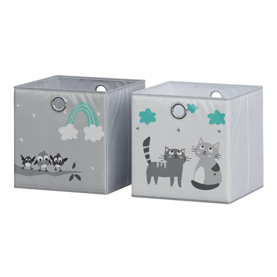 Vicco Faltbox, Regalbox für Kinder, Grau, 30 x 30 cm (Motiv Katzen & Vögel)
