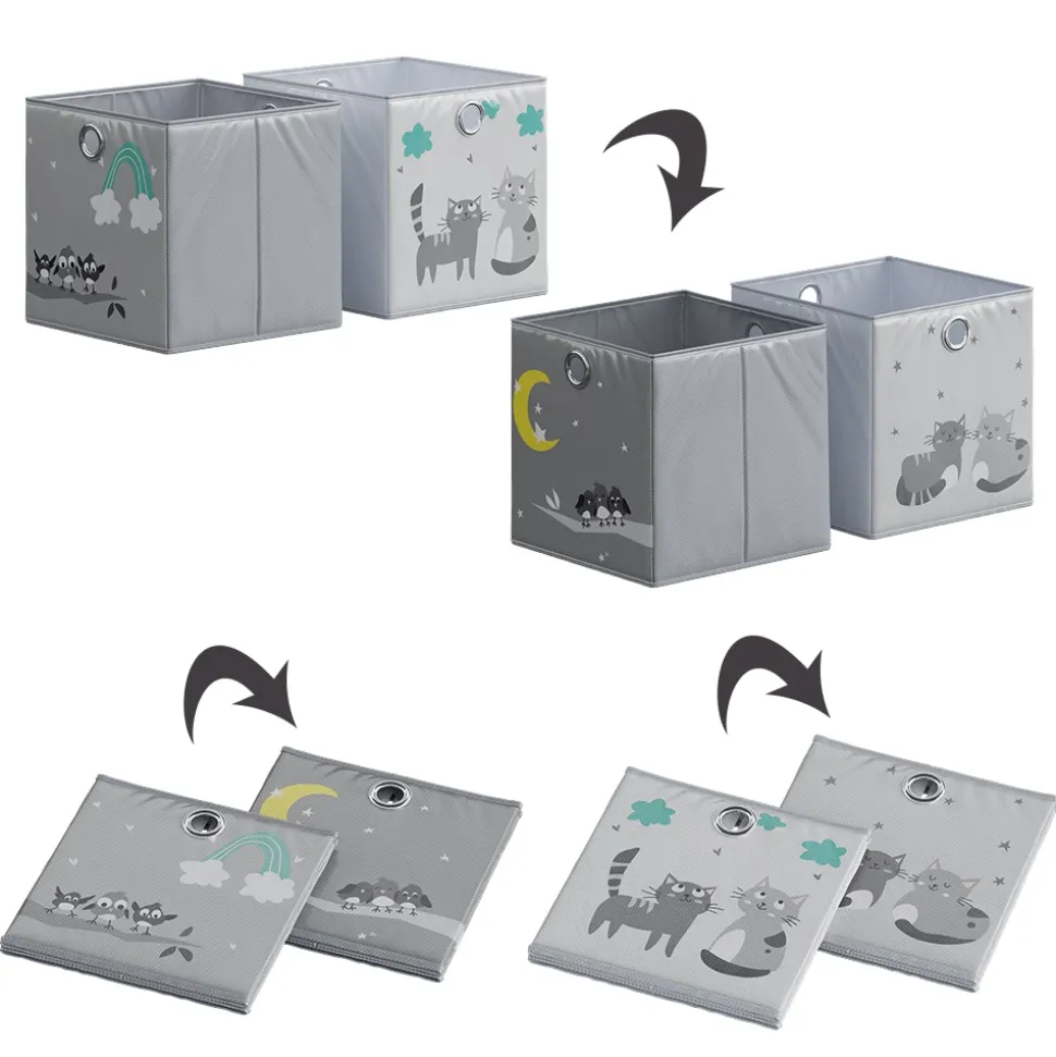 Vicco Faltbox, Regalbox für Kinder, Grau, 30 x 30 cm (Motiv Katzen & Vögel)