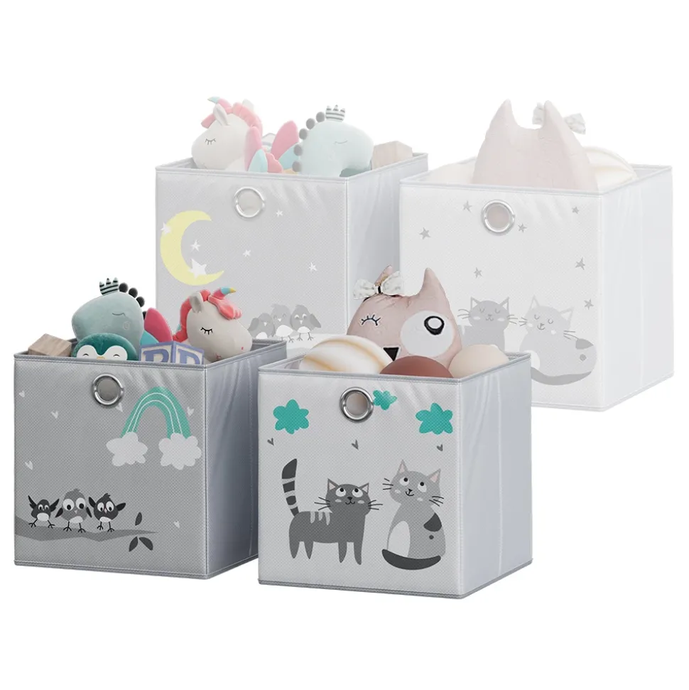 Vicco Faltbox, Regalbox für Kinder, Grau, 30 x 30 cm (Motiv Katzen & Vögel)