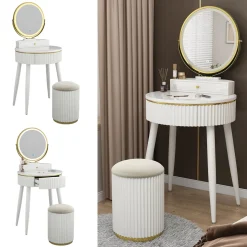 Vicco Frisiertisch Weiß Gesa 60x133x40 cm - LED-Spiegel, Runder Spiegel – gleichmäßige Ausleuchtung und klare Sicht