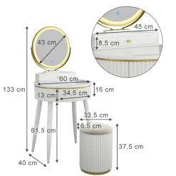 Vicco Frisiertisch Weiß Gesa 60x133x40 cm - LED-Spiegel, Runder Spiegel – gleichmäßige Ausleuchtung und klare Sicht