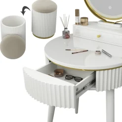 Vicco Frisiertisch Weiß Gesa 60x133x40 cm - LED-Spiegel, Runder Spiegel – gleichmäßige Ausleuchtung und klare Sicht